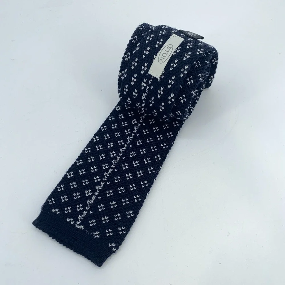 Eton Tie Mens Wool Knit Skinny Slim Navy White Patterned Luxury One Size Necktie